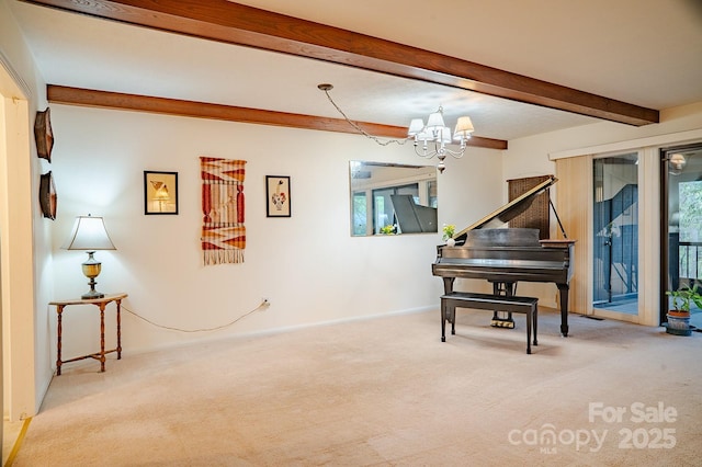 living area with carpet floors, an inviting chandelier, a wealth of natural light, and beamed ceiling