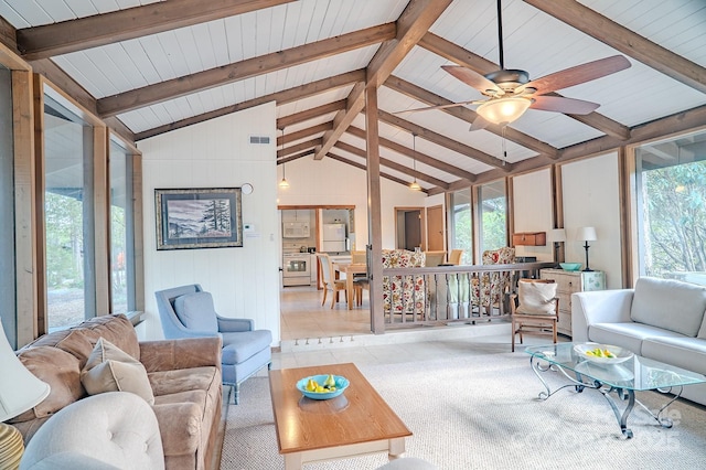 living room with visible vents, lofted ceiling with beams, a ceiling fan, and wooden ceiling