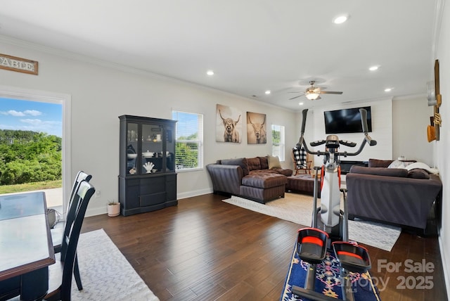 4321 Hornyak Dr, Monroe, NC 28110 - exercise area with crown molding, recessed lighting, a ceiling fan, baseboards, and dark wood-style flooring