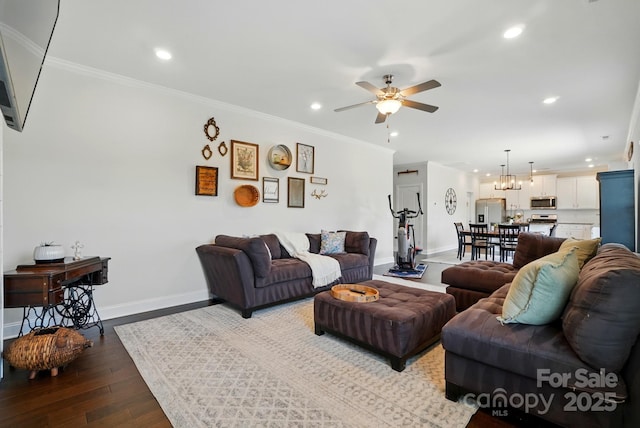 4321 Hornyak Dr, Monroe, NC 28110 - living area with recessed lighting, ceiling fan, baseboards, crown molding, and wood finished floors