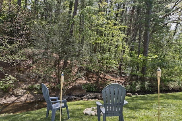 view of yard featuring a forest view
