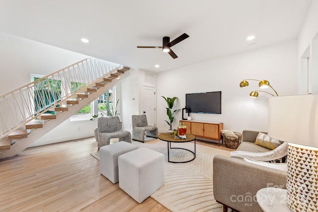 1847 Vinton St, Charlotte, NC 28216 - living area featuring stairway, a ceiling fan, light wood finished floors, and recessed lighting