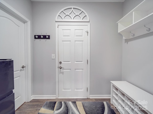 mudroom with baseboards and dark wood-style flooring