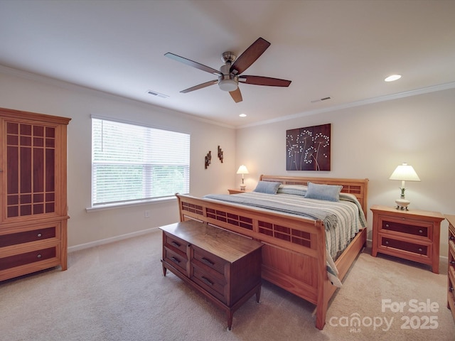 bedroom featuring visible vents, ornamental molding, baseboards, recessed lighting, and carpet flooring