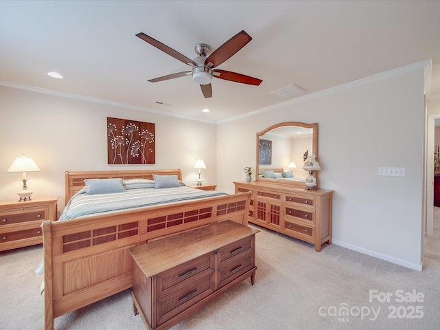 bedroom with recessed lighting, ornamental molding, baseboards, and light carpet