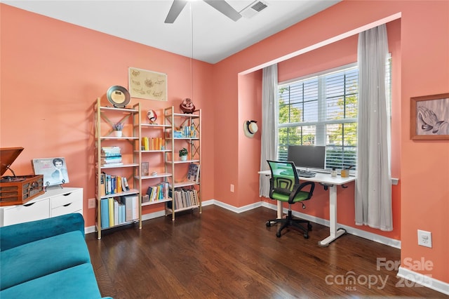 office area with visible vents, baseboards, ceiling fan, and wood finished floors