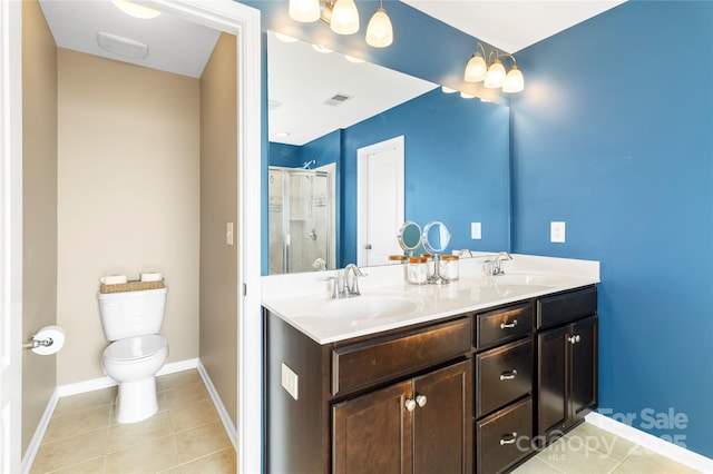 full bathroom with baseboards, walk in shower, a sink, and tile patterned flooring