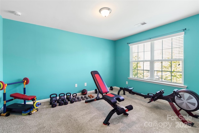 exercise area with baseboards, carpet floors, and visible vents