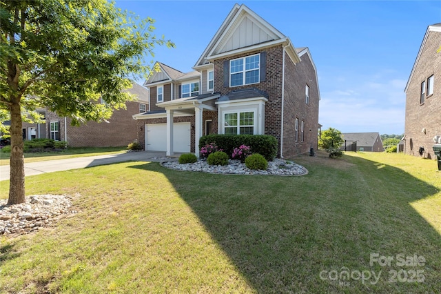 traditional-style home with brick siding, an attached garage, board and batten siding, and driveway