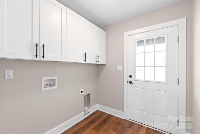 640 Central Dr NW, Concord, NC 28027 - clothes washing area featuring cabinet space, washer hookup, baseboards, hookup for an electric dryer, and dark wood-style floors
