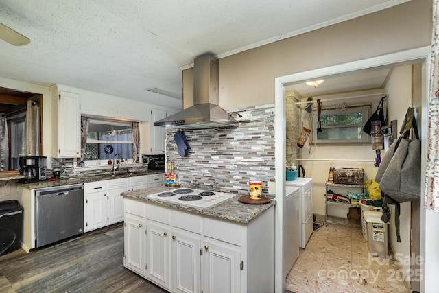 kitchen featuring island range hood, decorative backsplash, white electric stovetop, dishwasher, and independent washer and dryer