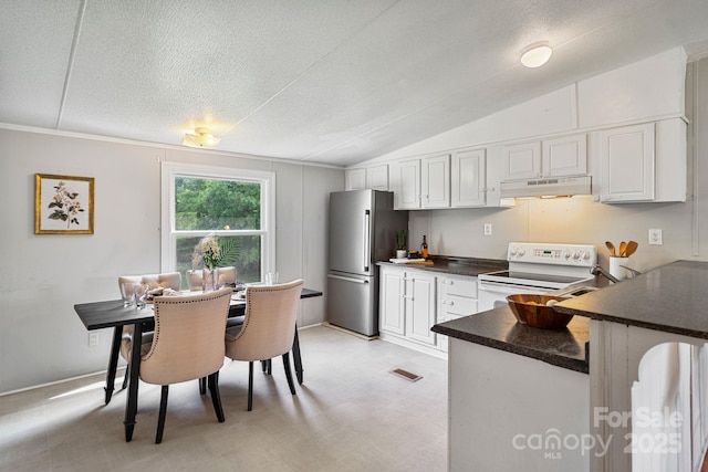 kitchen with dark countertops, freestanding refrigerator, electric stove, light floors, and under cabinet range hood