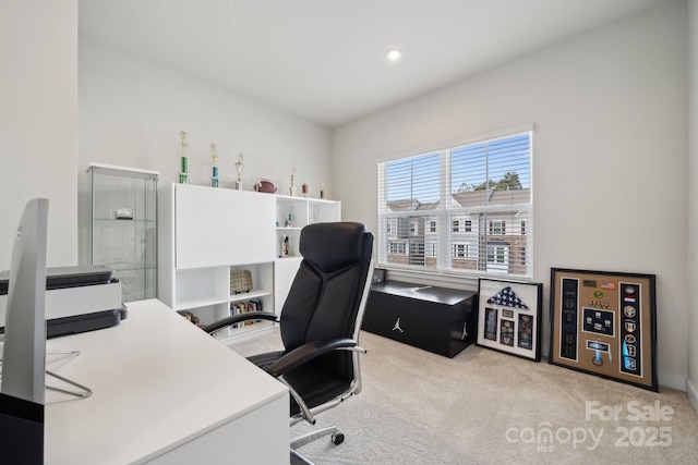 carpeted office featuring recessed lighting