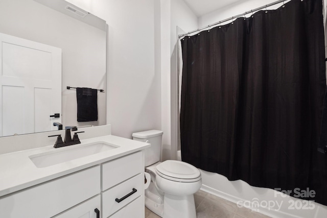 full bath featuring shower / bath combo, visible vents, toilet, vanity, and tile patterned flooring