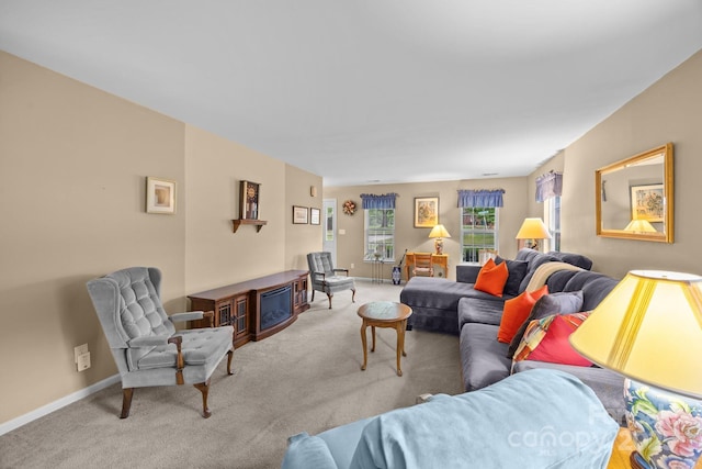 living area with carpet and baseboards