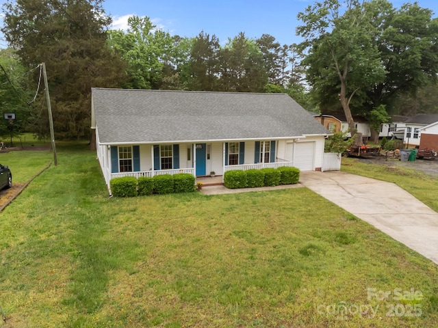 single story home with a front lawn, covered porch, roof with shingles, concrete driveway, and an attached garage