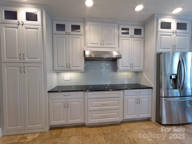 484 Chisholm Trl, Rutherfordton, NC 28139 - kitchen with white cabinetry, dark countertops, black electric cooktop, extractor fan, and stainless steel fridge with ice dispenser