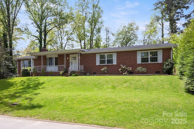single story home featuring covered porch, crawl space, brick siding, and a front lawn