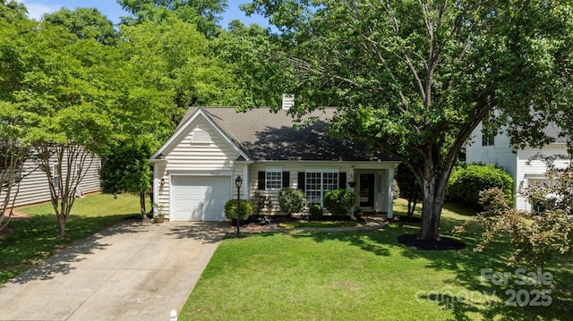 view of front facade featuring driveway, a chimney, a front lawn, and a garage
