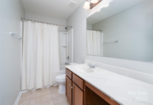 bathroom with tile patterned flooring, vanity, toilet, shower / bath combo with shower curtain, and visible vents