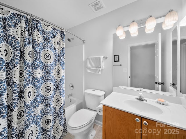 full bath with tile patterned flooring, shower / bath combination with curtain, toilet, vanity, and visible vents