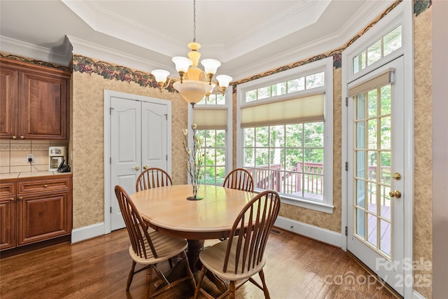 dining space featuring plenty of natural light, a tray ceiling, and dark wood-style floors