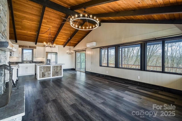 unfurnished living room with an inviting chandelier, dark wood-style floors, wood ceiling, and a wall mounted AC