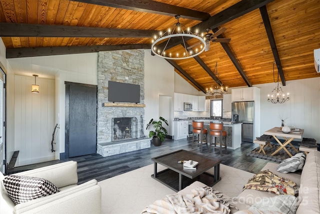 living room with wooden ceiling, dark wood-style floors, and a notable chandelier
