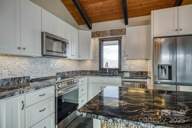 kitchen featuring decorative backsplash, beamed ceiling, wooden ceiling, a sink, and appliances with stainless steel finishes