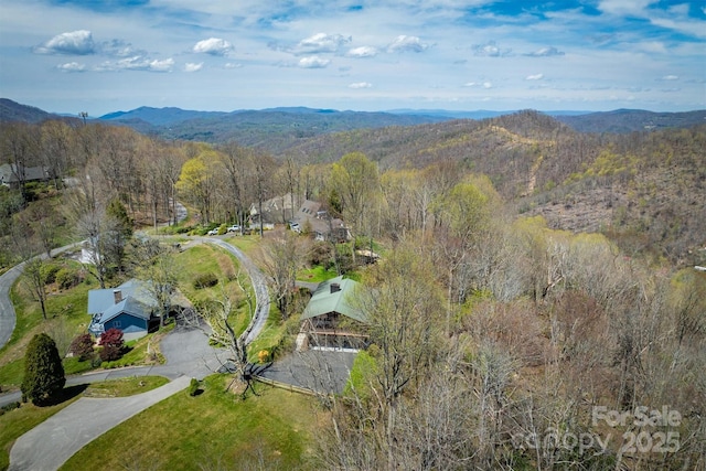 aerial view with a mountain view and a wooded view