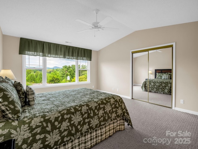 5802 Wood Duck Way, Hendersonville, NC 28792 - bedroom with carpet, vaulted ceiling, baseboards, a closet, and a ceiling fan