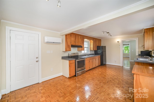 2125 Chatham Ave, Charlotte, NC 28205 - kitchen with freestanding refrigerator, baseboards, a wall mounted AC, a sink, and stainless steel electric range oven