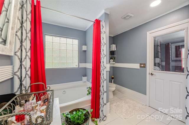 full bath with a bath, toilet, crown molding, and tile patterned flooring