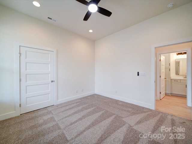 1706 Ruben Rd, Monroe, NC 28112 - interior space with visible vents, baseboards, recessed lighting, light carpet, and a ceiling fan