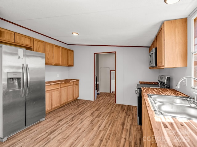 kitchen with a sink, wood counters, light wood finished floors, and stainless steel appliances