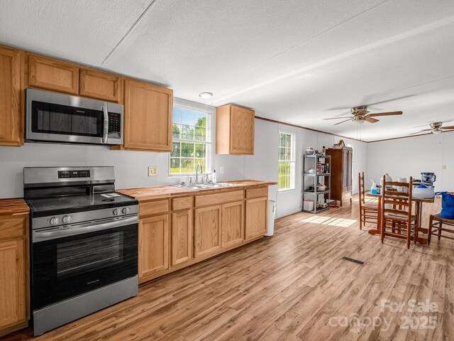 kitchen featuring a ceiling fan, light wood-style floors, a textured ceiling, a sink, and stainless steel appliances