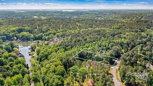 bird's eye view featuring a water view and a forest view
