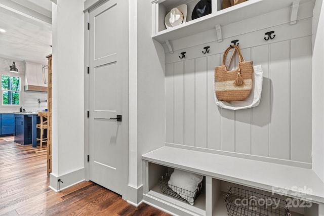 mudroom featuring dark wood-style flooring