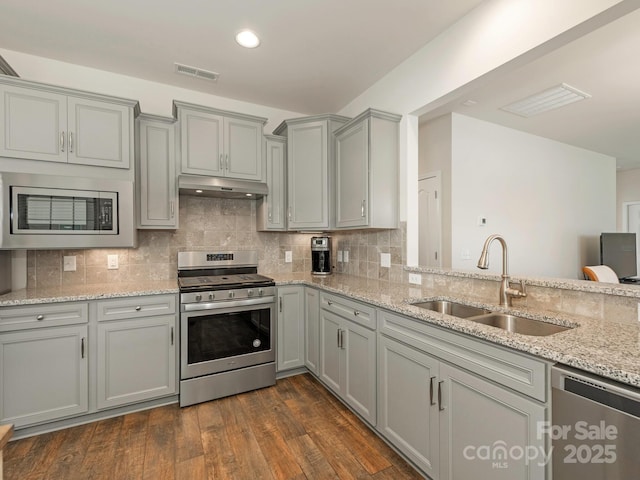1026 Kirby Dr, Fort Mill, SC 29715 - kitchen with appliances with stainless steel finishes, a sink, under cabinet range hood, gray cabinetry, and light stone countertops