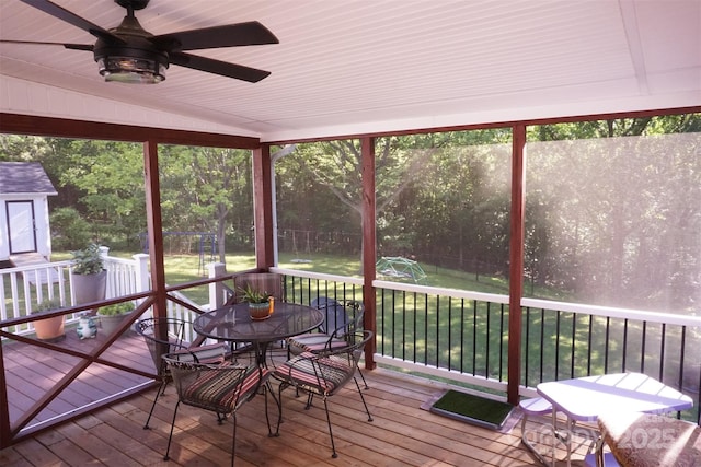 854 Silver Fox Dr, Concord, NC 28025 - sunroom with outdoor dining space, a ceiling fan, and vaulted ceiling