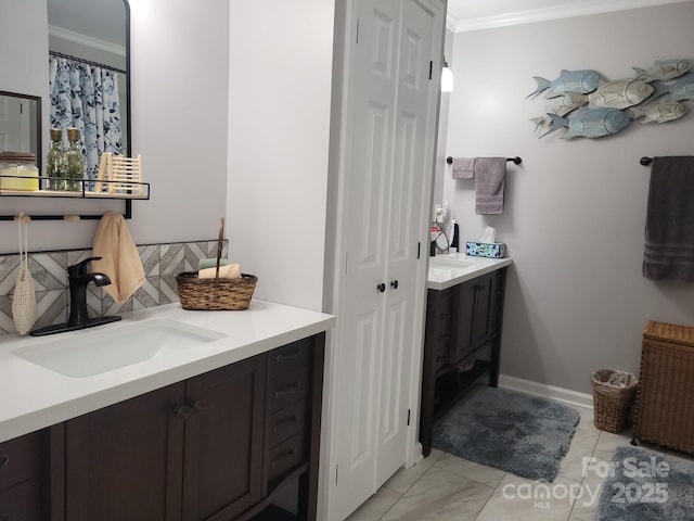 854 Silver Fox Dr, Concord, NC 28025 - full bath featuring crown molding, vanity, backsplash, and a closet