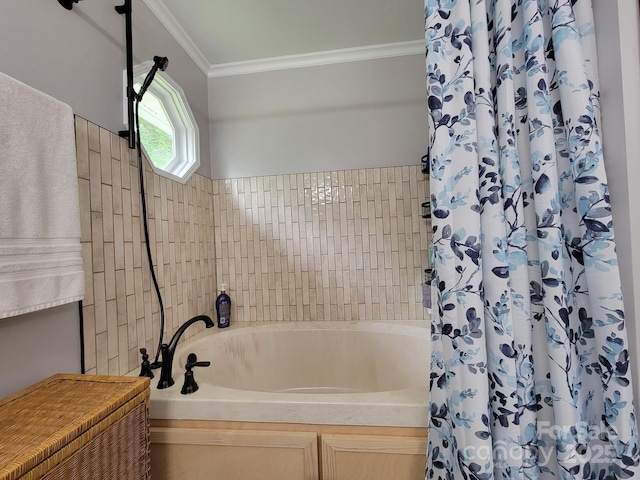 854 Silver Fox Dr, Concord, NC 28025 - bathroom with a tub, a shower with curtain, and ornamental molding