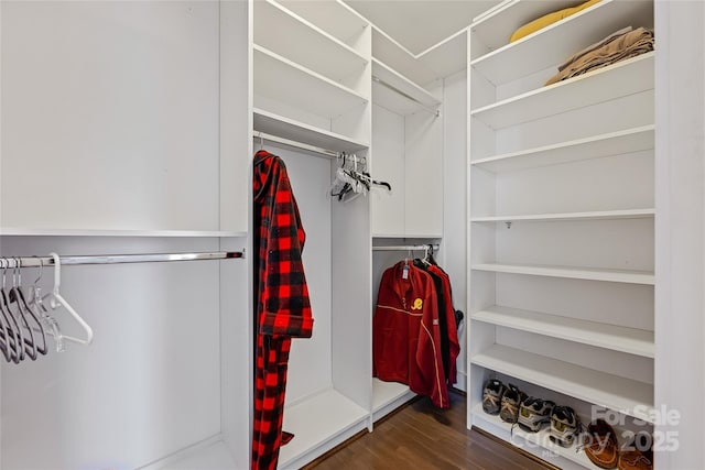 spacious closet with dark wood-style floors