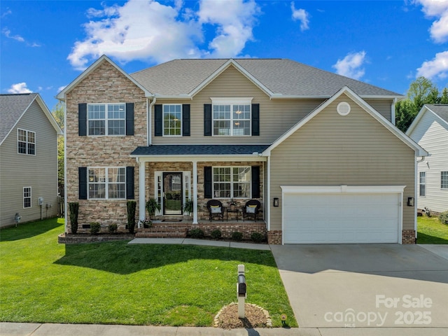 3 Holmes Ln, Arden, NC 28704 - craftsman-style house with a porch, stone siding, roof with shingles, a front lawn, and concrete driveway