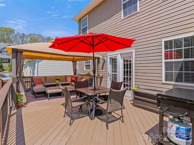 3 Holmes Ln, Arden, NC 28704 - wooden deck with an outdoor hangout area, outdoor dining area, and a gazebo