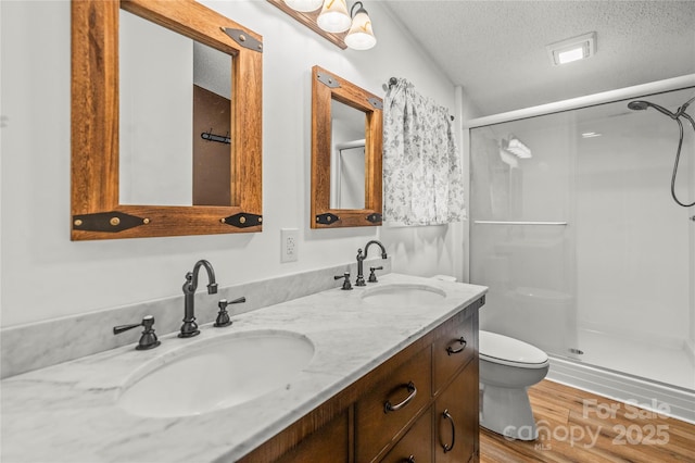 1005 Caldon Dr, Stanley, NC 28164 - bathroom featuring a textured ceiling, a stall shower, double vanity, and wood finished floors