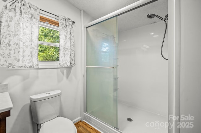 1005 Caldon Dr, Stanley, NC 28164 - full bathroom with a stall shower, vanity, wood finished floors, and a textured ceiling