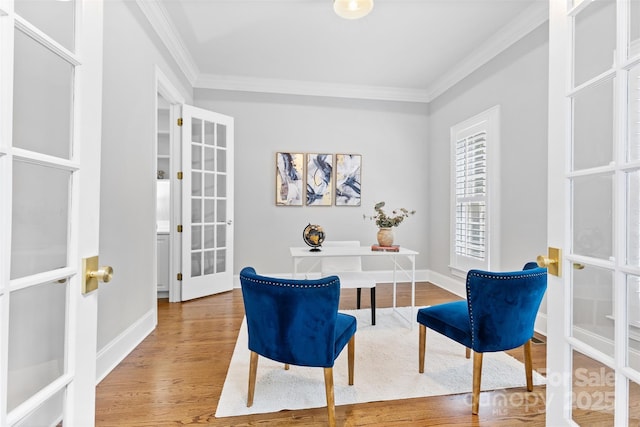 office area with baseboards, ornamental molding, french doors, and wood finished floors