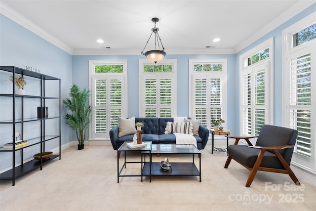 interior space featuring crown molding, light carpet, recessed lighting, baseboards, and visible vents