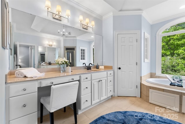bathroom with a bath, tile patterned flooring, vanity, a notable chandelier, and ornamental molding
